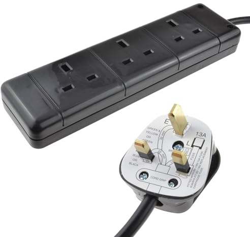kenable 3 Gang UK Trailing Socket Extension Lead 13A Mains Power Strip BS1363/A Wall Mountable Black 10m