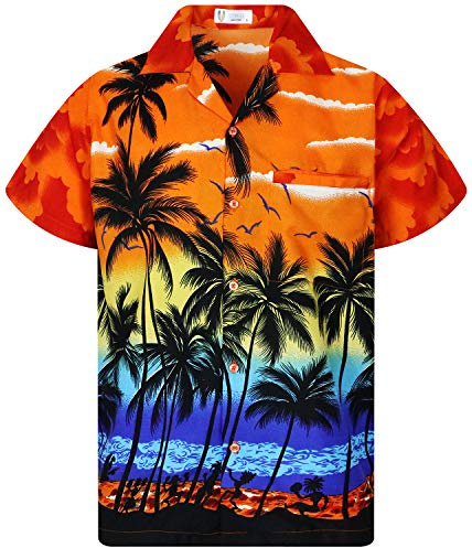 V.H.O. Funky Hawaii-skjorta för män, kortärmad med frontficka och Hawaii-tryck: strand, palmer och olika färger, Orange, 3XL