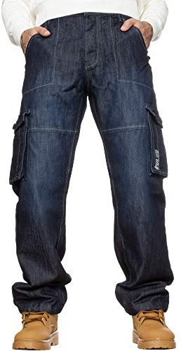 Enzo Herr Combat Jeans Casual Cargo Arbetsbyxor Denim Byxor Stor Lång Alla Midja, Mörk stentvätt, 44W X 32L