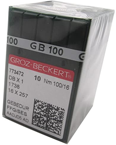 Groz-Beckert Nadel in transparenter Kunststoffbox, 100 Groz-Beckert DBX1 16X257 1738 Gebedur Titan-Nähmaschinennadeln (16/100)