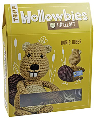 Wollowbies Häkelset Biber: Anleitung und Material für einen Biber zum Selber-Häkeln. Mit Holzknopf und Stofflabels zum Individualisieren. Fertiges Modell ca. 14 cm