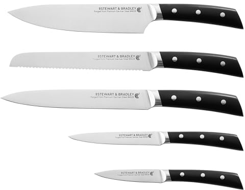 Stewart & Bradley 5 Pc Kitchen Knife Set | Full Tang, Premium German Steel 4028, Razor Sharp Blades, Lightweight, Great Heft
