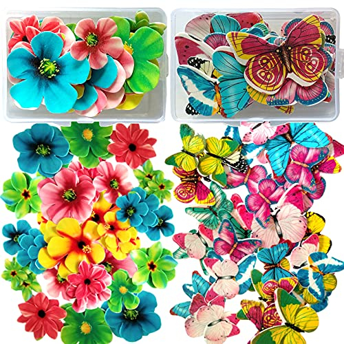 VEGCOO 75 Pcs Edible Flower Cupcake Toppers, Included 40 Pcs Mixed Size Butterfly and 35 Pcs Flower Birthday Cake Toppers Multicolour, Family Cupcake Wedding Cake Birthday Party Food Decoration