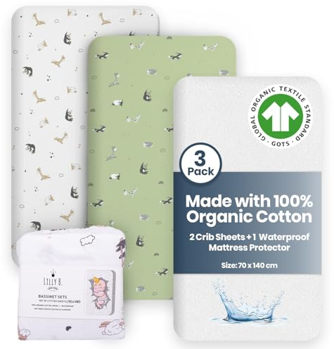 Pack of 3, 70 x 140 cm, Bettwäsche 70x140, Spannbettlaken Kinderbett 70x140, Cot Bettdecke, wasserdichte Laken für Neugeborene