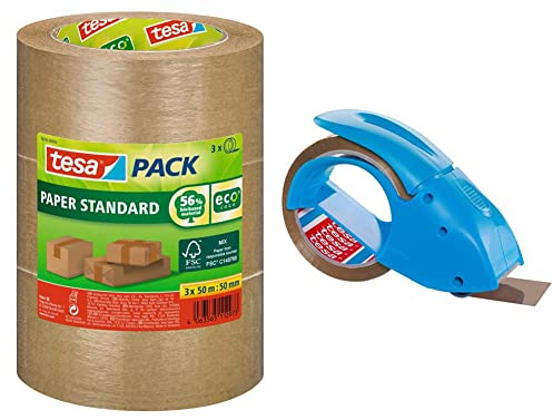 tesapack Papier Standard - Umweltschonendes Paketband aus Papier, Braun - 3x 50 m x 50 mm & pack Abroller Pack' n' Go - Ergonomischer, Inklusive 50 m x 48 mm Klebeband