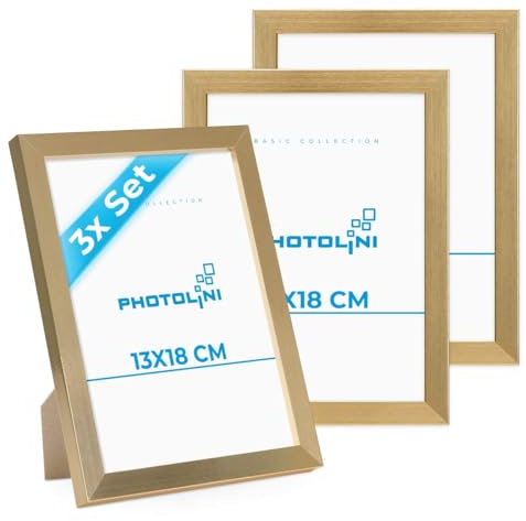 PHOTOLINI 3er Bilderrahmen 13x18 Gold, Bilderrahmen gold 13x18 Holz MDF, Fotorahmen 13 x 18 mit Acrylglas, Bilder Rahmen 13 x18 Aufhängen & Aufstellen, Picture Frame mit Zubehör für Fotos, Poster