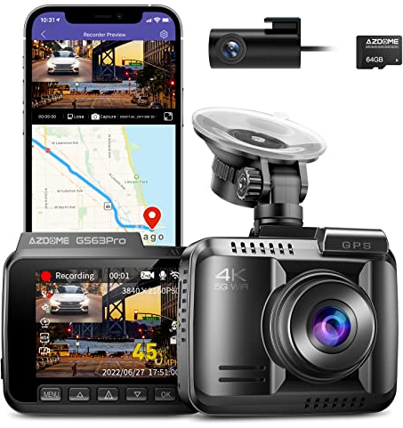 AZDOME Dashcam Auto Vorne Hinten 4K/2,5K Autokamera mit HDR, STARVIS Verbesserte Nachtsicht, 128GB eMMC, 5GHz WiFi, ADAS, Kein Licht Vollfarbe, GPS, Parküberwachung, Weitwinkel, G-Sensor,GS63Pro