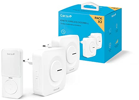 Garza - Timbre Inalámbrico Kinético para puerta, 1 pulsador + 2 receptores, Gran alcance 200 m, 64 melodías, IP56, Con indicador LED, Modo silencioso, 4 intensidades de sonido, Función memoria, Blanco