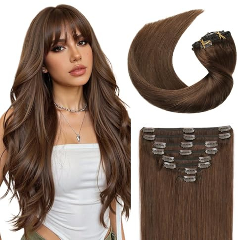 Sunya Clip In Extensions Echthaar Schokoladenbraun 35cm 110g 8 Stück | Invisible Echthaar Haarverlängerung Clip In 100% Remy NatüRlich Glatthaar Seamless Skin Weft, Für Feines, Normales Haar