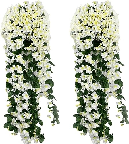 Youning Künstlich Hängende Blumen Kunstblumen Violette Blumen Wand Glyzinien Künstliche Hängepflanzen Bunte Hängende Plastikblumen für Büro Zuhause Party Hochzeit Haus Dekoration (2PCS Weiß)