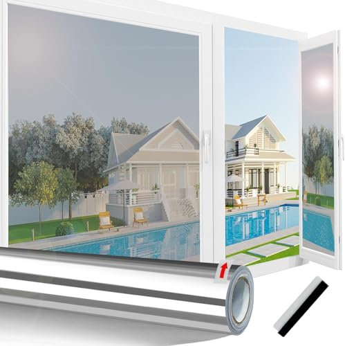 Linarun One Way Window Film 30x200 Privacy Film for Glass Windows Heat Reflective Window Film Privacy, Anti Glare UV Mirror Tint, Static Cling, Silver