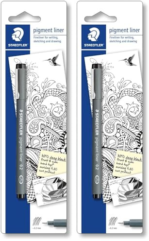 Staedtler schwarzer pigment liner, Linienbreite 0,2 mm, dokumentenechte Pigmenttinte, lange Metallspitze, lange Lebensdauer, 1 Fineliner auf Blisterkarte, 30802-9BKD (Packung mit 2)