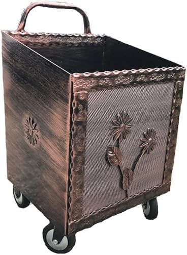 Bricoutlet Carrello Porta Legna Porta pellet da interno in Ferro BATTUTO 52x47x84Hcm con Ruote RAME - Cesta per legna da interno ed esterno