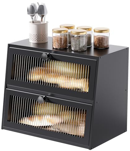 JUATPNIY Bread Box for Kitchen Countertop,Extra Large 2 Layer Breadbox Wooden Farmhouse Bread Storage Container Bread Bin Bread Holder Food Organizer Pantry Shelf Acrylic Window(Black)