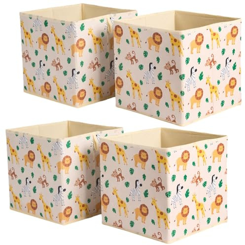 OHS Set of 4 Kids Storage Boxes Home Organiser Kids Toys Clothing Bathroom Pop Up Foldable Collapsible Storage Cube Boxes Square Bins for Kallax Shelves Cube Box Organiser, Beige