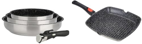 KAMBERG - Set de poêles Lot Batterie de cuisine inox 4 pièces - Acier inoxydable - Revêtement pierre & Poêle Grill 28 x 28 cm - Manche Amovible - Fonte d'Aluminium - Revêtement Type Pierre