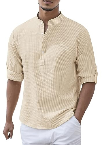 Chemise Col Mao Homme Grande Taille, Blouse Homme Manches Longues,Tee Shirt 'été Couleur Pure Top Col V de Plage Hauts avec Boutonnée Décontracté Ample Légère Comfort Base Tunqiue