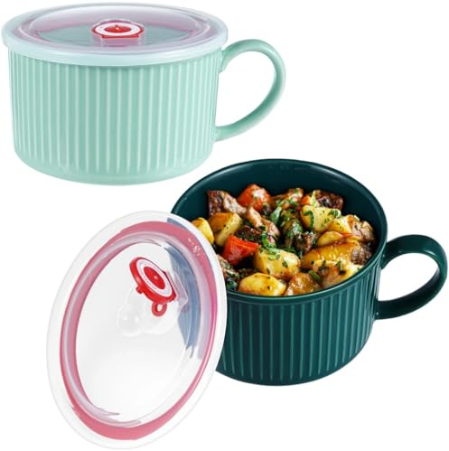 Tideme Suppentassen, 880 ml, Schüssel mit Deckel und Griff, mikrowellengeeignet, große Instant-Nudelschale, Keramikbecher für Müsli, Haferflocken, Salat, Obst, 2 Stück