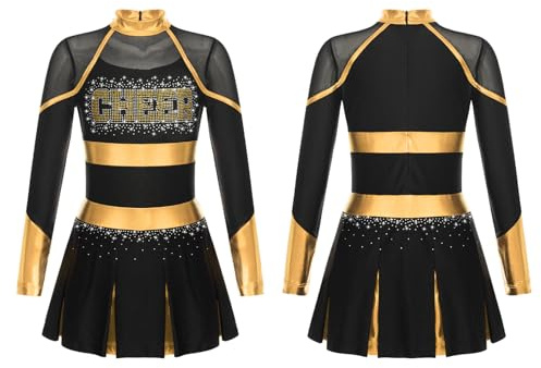 JEYPINMI Girls Cheerleading Costume Cheer Leader Uniform Outfit Carnival Musical Halloween Fancy Dress Black&Gold 15-16 Years
