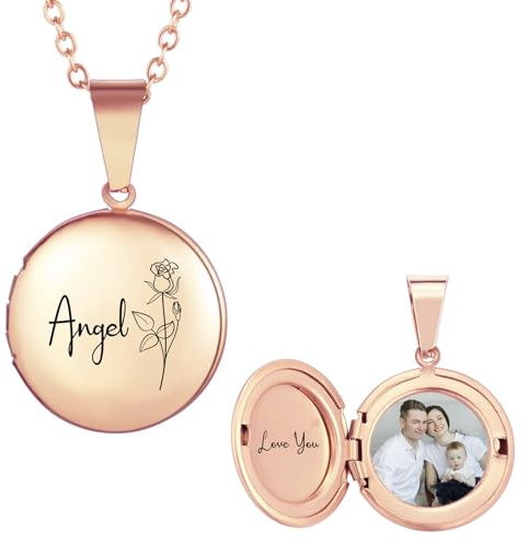 INBLUE Personalisierte Medaillon Halskette für Frauen Gravierte Geburt Blume & Name Edelstahl Rund/Herz/Oval Medaillon Halskette mit Bild/Text Schmuck Geschenk für Frauen Freundin (Rund - Roségold)