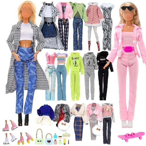 27 Pcs Puppenkleidung Fashion Kleidung,1 Kapuzen-Sweatshirt 2 Karo Mantel 1 Wintermantel 1 Pullover 1 Jumpsuit 4 Oberteile 4 Hosen 1 Rock 1 Schuhe 1 Schlittschuhe 1 Skateboard 9 Schminke in Zufällig