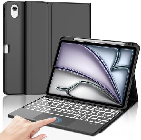 Funda Teclado para iPad Air 11 (M2 2024/M3 2025) con Touchpad, Cover Teclado Trackpad Retroiluminación Español Ñ Bluetooth Magnética Desmontable para iPad Air M2 2024/M3 2025 11 Pulgadas, Negro
