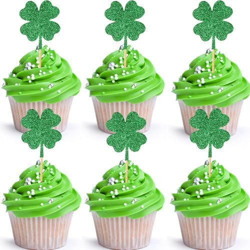 ENLACE Vierblättriges Kleeblatt Tortendeko,24 Stück Happy St. Patricks Day Cupcake Topper,Glitzer Kleeblatt Muffin Deko,Vierblättriges Kleeblatt Kuchendeko,Cupcake Topper für St. Patricks,Geburtstag