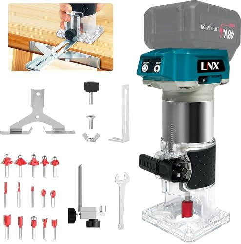 Kabelloser Holzfräser, Oberfräse für Makita 18 V Akku, mit 15 Stück 1/4-Zoll-Schaft-Fräser-Bits, 6 variable Geschwindigkeiten, Holzschneider-Set, 800 W – 30000 U/min, bürstenloser Motor, Handfräse