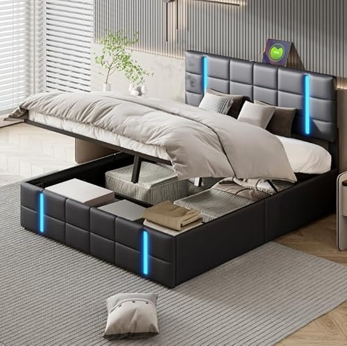 RWUDV Hydraulisch Stauraumbett 140x200 cm,Polsterbett Doppelbett mit Stauraum und Lattenrost,LED Kopfteil mit USB-Ladefunktion, Bettgestell aus Massivholz und PU, Jugendbett Rückenlehne Bett