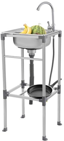 Fregadero móvil de acero inoxidable con gabinete, fregadero de cocina independiente con grifo giratorio 360°, fregadero con gabinete inferior, cesta filtrante, 60 kg, lavabo de un seno para exterior