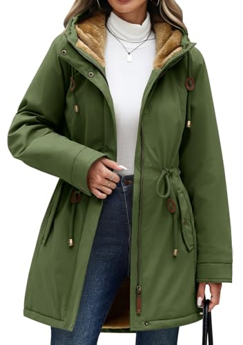 CMTOP Chaqueta Mujer Invierno Cálido Forro Polar Parka Elegante Casual Abrigo Gruesa Impermeable Cortaviento Hoodie Slim Fit Outwear con Capucha y Bolsillos(Verde, M)