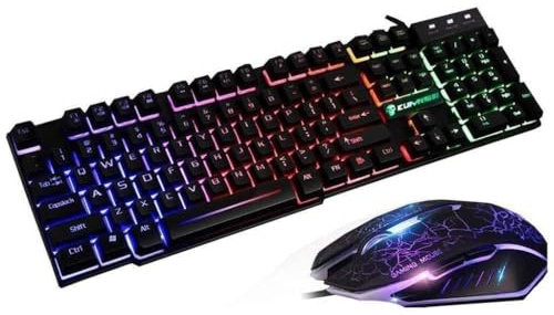 SHRGOMPIT Tastiera e mouse da gioco T6, set di tastiera e mouse ergonomici USB con retroilluminazione LED arcobaleno e tappetino for mouse for PC e laptop