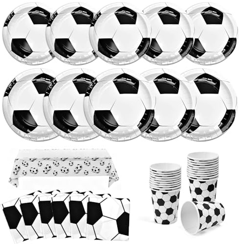 SLTAXAR 81 Stück Pappteller Fussball Partygeschirr Set für 20 Gäste | Party Deko Geschirr Geburtstag Kinder Fußball Partyteller Pappteller Becher Servietten Tischdecke Partygeschirr Mottoparty