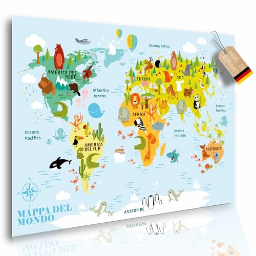 Lineo® Mappa del Mondo per Bambini Poster XL 60x42cm con Animali, Continenti e Adesivi; Mappa Geografica Educativa e Divertente, Ideale per la Cameretta; Regalo per Ragazzi e Ragazze Italiana