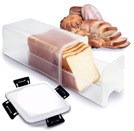 DIYOHFE Slide-Out Bread Storage Container with Airtight Lid, Clear Plastic Bread Box with Drawer Tray for Sandwich Loaves, Bagels & Buns, 13×5×5 in BPA-Free Bread Keeper for Counter, Pantry & Freezer