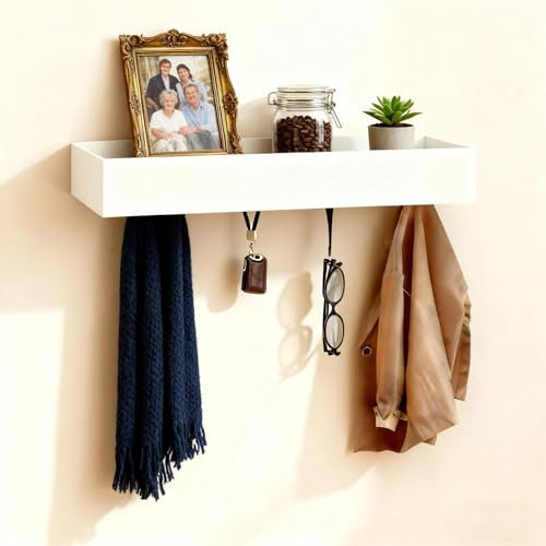 LINTRA Wandgarderobe mit Ablage, Weiß Versteckte Jackenhalter Wand, Wandhaken Garderobe, mit 5 Haken, Kleiderhakenleiste, für Schlafzimmer, Flur und Wohnzimmer