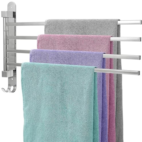 Handtuchhalter mit 4 Drehbaren Armen 180° Rotierend Handtuchstange für Einfachen Zugang Wandmontage Schwenkbarer Handtuchhalter für Bad Wc Garderobe Küche, Silber