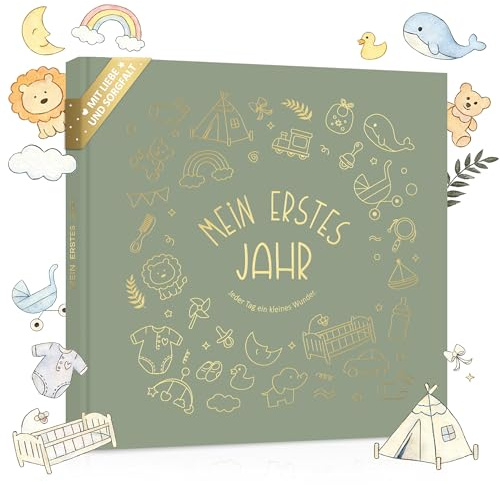 BIROYAL Mein Erstes Jahr Babyalbum, Fotoalbum Baby mit Goldprägung, Grün | 21x21cm Hardcover, 95 Seiten 120g Papier, 25+ Fotoplätze, Klare 0-1 Jahre Unterteilung, allen Meilensteinen, Geburtsgeschenk