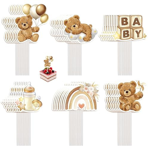 48 PCS Gender Reveal Cupcake Toppers for Boys, Baby Shower Cupcake Toppers | Brown Bear Cake Topper, Themed Party Gender Reveal Cake Decorations, for Genders Reveals Party Cakes