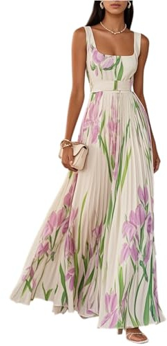 Robe Longue Femme Chic et Elegant Plissée à Fleurs sans Manches Col Carré pour Mariage Soirée Cocktail Robe Mariage Invitée Fluide Légère Taille Haute