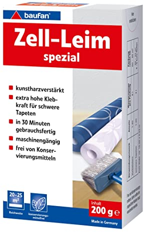 Baufan Colle spéciale cellulaire - 200 g - Colle spéciale pour papier peint - Renforcée en résine - Avec une adhérence extra élevée - Pour papier peint lourd - 20 à 25 m²