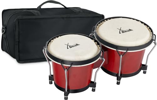 XDrum Bongos Club Weinrot SET inkl. Bongotasche, Bongogrößen: 6 und 7 | 2 Trommeln (macho und hembra), Naturfelle, Holz: Birke, Verchromte Hardware, Professionelles Stimmsystem, 5 x 40 x 20