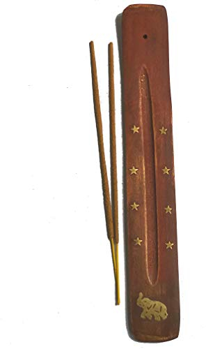 Traditioneller räucherstäbchen Halter aus Indien - handgemacht aus Mangoholz | Räucherstäbchenbrenner für Räucherstäbchen bis 25cm | Mit Elefant und goldenen Sternen aus Messing (Elefant)