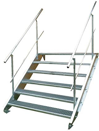 Stahltreppe Industrietreppe Aussentreppe Treppe 6 Stufen-Breite 80cm Variable Geschosshöhe 90-120cm vezinkt mit beidseitigem Geländer