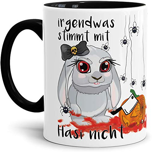 Hasi-Tasse Halloween - Witzig/Hasi/Schön/Lustig/Geschenk - Irgendwas stimmt mit Hasi nicht - Innen & Henkel Schwarz