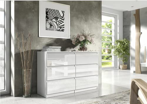 Elegant och rymlig byrå med 6 lådor, 120 cm, vit/blank vit, Mått: 120 x 38 x 78 cm