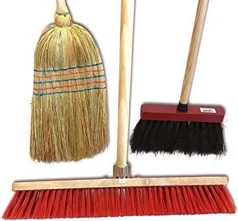 Ensemble de 3 balais de rue | Paille de riz 35 cm | Cantonnier brosse PVC 60 cm | Modèle Mickey 29 cm | Manches bois | Kibros 3LOTB2b