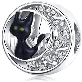 Qings Charm Chat Noir Halloween Lune Charms Femme Fille Charme Bracelet Bloqueur Argent Sterling 925 Bijoux Collier Pendentif Animaux Breloque Perle