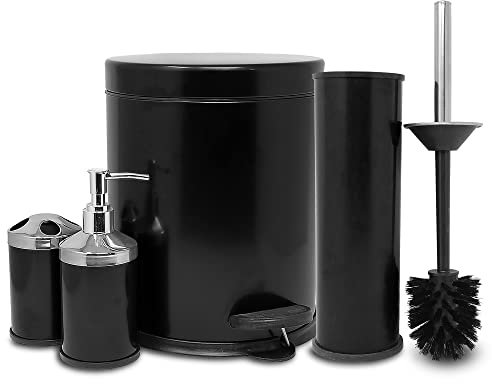 Set Accessori Bagno 3L Toilette 4 pezzi con dispenser sapone, pattumiera rifiuti da 3 litri, spazzola scopino per WC, porta spazzolini Kit completo Opaco Lucido (Nero)