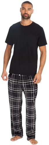 Style It Up Mens Short Sleeve Pyjama Set Cotton Top Brushed Fleece Bottoms PJ Loungewear/Nightwear (BLACK-CHAR CHECK, L)